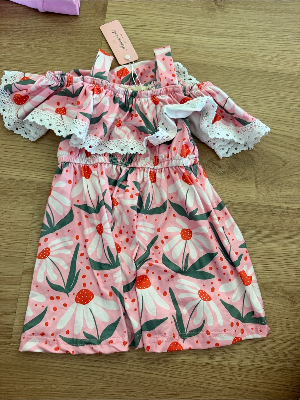 Girls Pink Floral Off-Shoulder One-Piece Romper with Lace Trim